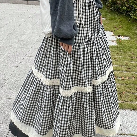 Black And White Casual Women's Plaid Contrast Lace Trim Skirt - Picture 6 of 7